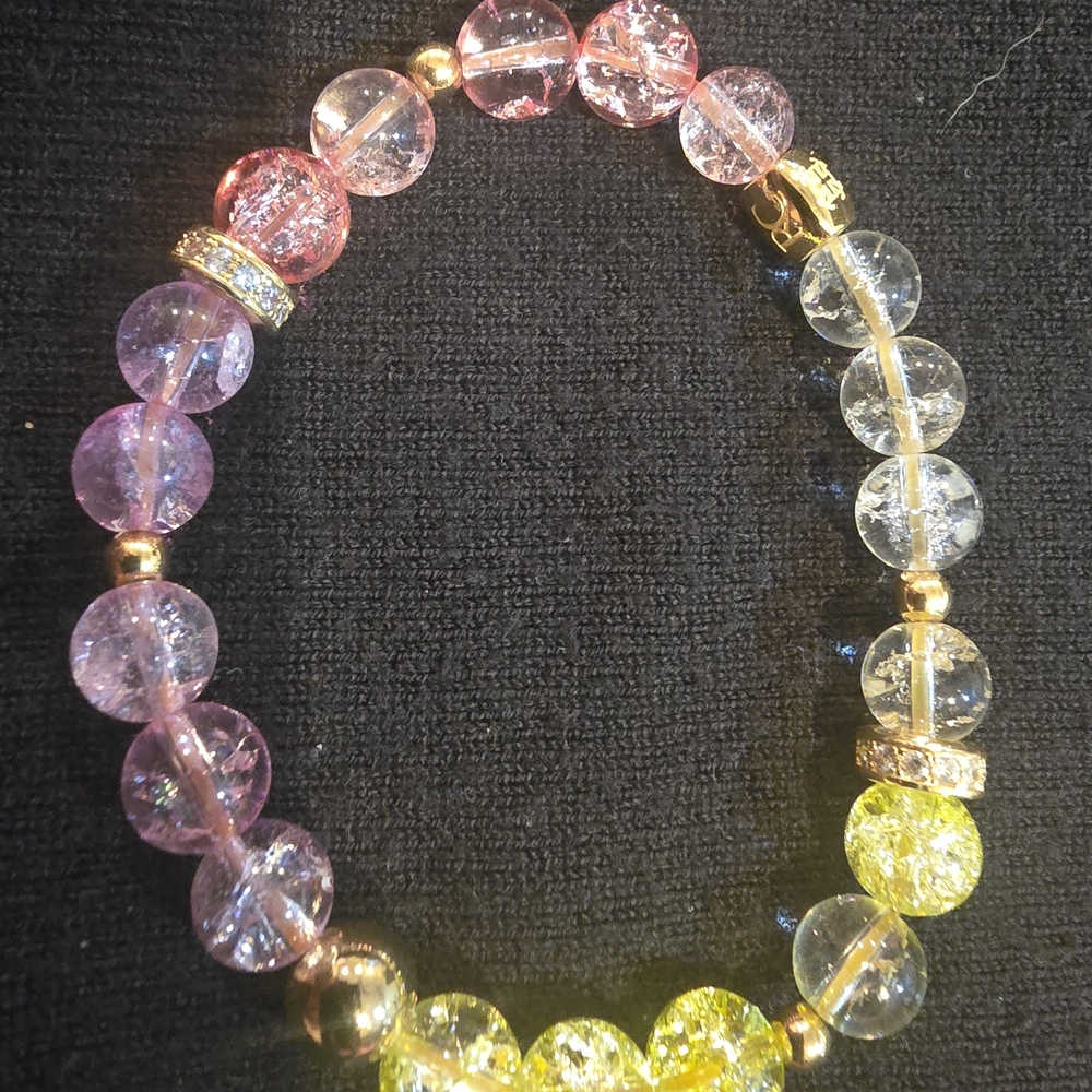 Rustic Cuff Pink Purple Yellow Crackle Glass Bracelet with Gold Accents